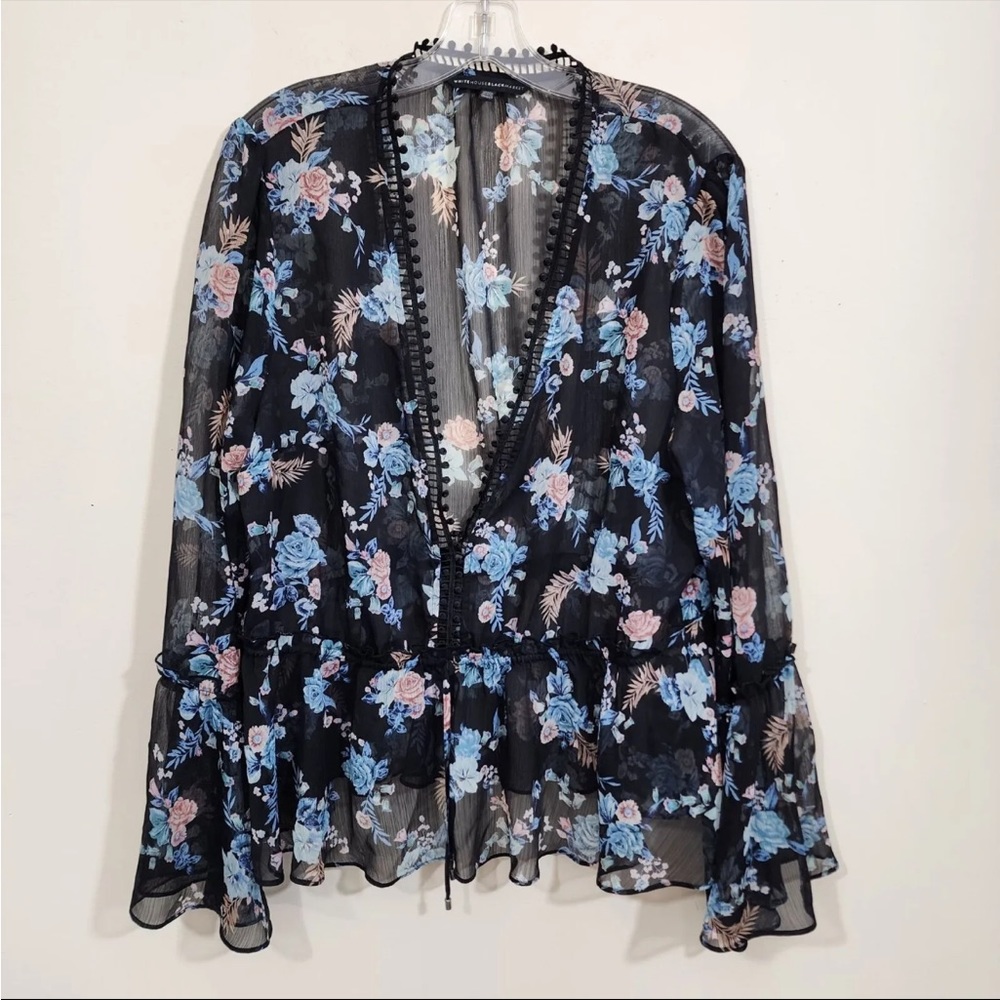 WHBM semi sheer v-neck bell sleeve elastic peplum hem floral blouse woman's XL